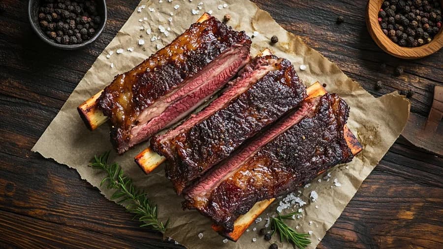 Three smoked beef short ribs with a caramelised bark on butcher paper, Beef Ribs from Symi's