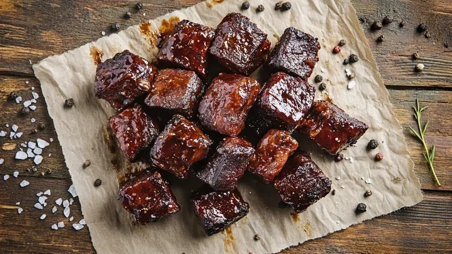 Glazed brisket burnt ends piled on butcher paper with a lacquered BBQ crust, Burnt Ends from Symi's