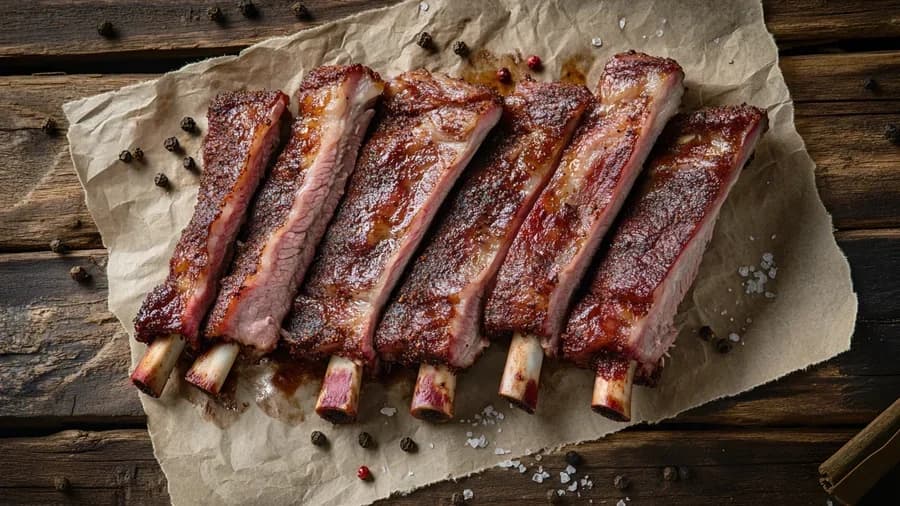 Five smoked pork spare ribs laid out on butcher paper showing the smoke ring, Pork Ribs from Symi's