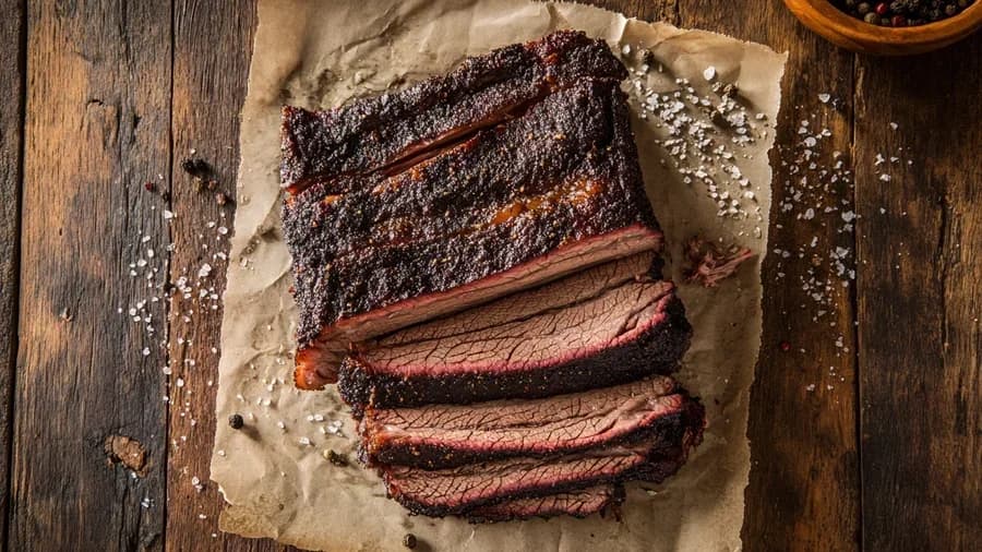 Thick-cut smoked beef brisket with a dark pepper bark, fanned out on butcher paper, Texas Brisket from Symi's