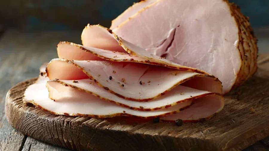 Sliced turkey pastrami with a spiced crust on a wooden board, Turkey Pastrami from Symi's